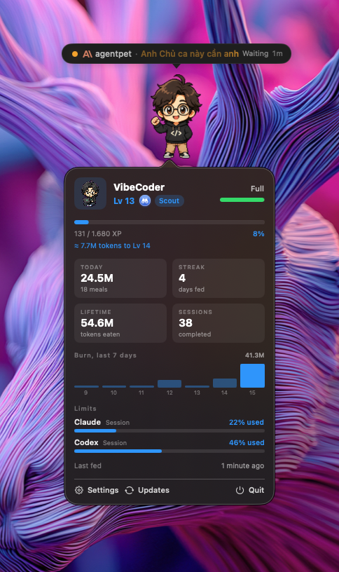 AgentPet HUD showing token burn, leveling, and active agent session cards