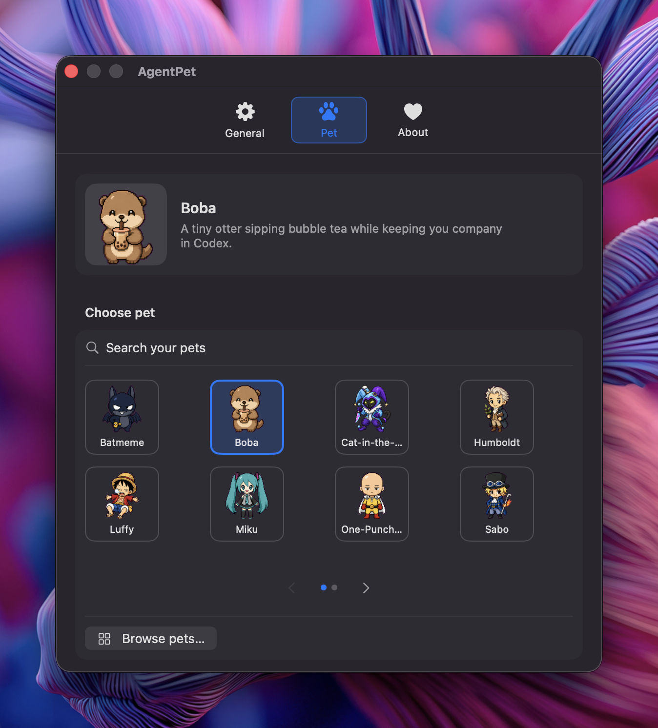 AgentPet custom spritesheet and appearance picker in settings