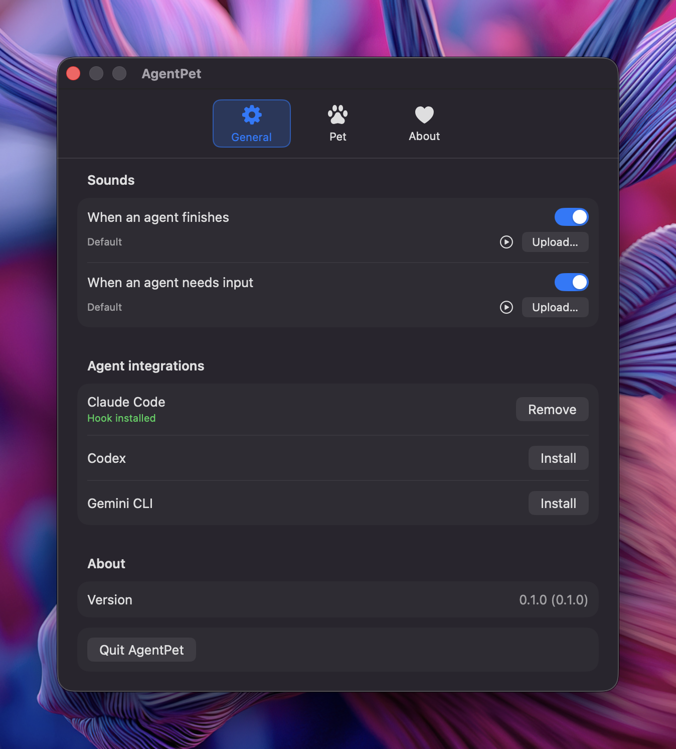 AgentPet settings panel configuring notifications, sound chimes, and agent toggles