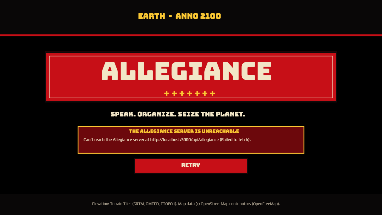 The title screen displaying server outage and retry options