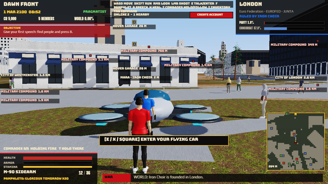 Allegiance street view in London with another player standing beside a hover car, HUD showing party status, minimap and nearby locations