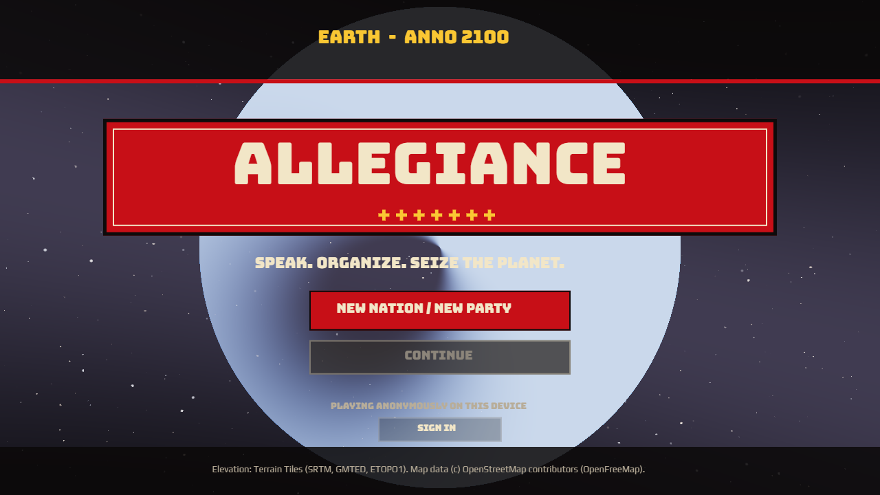 Allegiance title screen over a view of Earth, with New Nation / New Party and Continue buttons