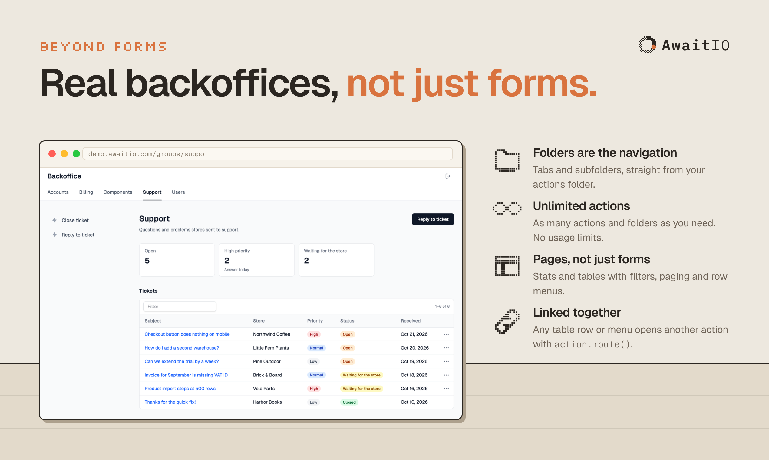 Beyond forms: Backoffices with tables, stats, and linked actions in AwaitIO
