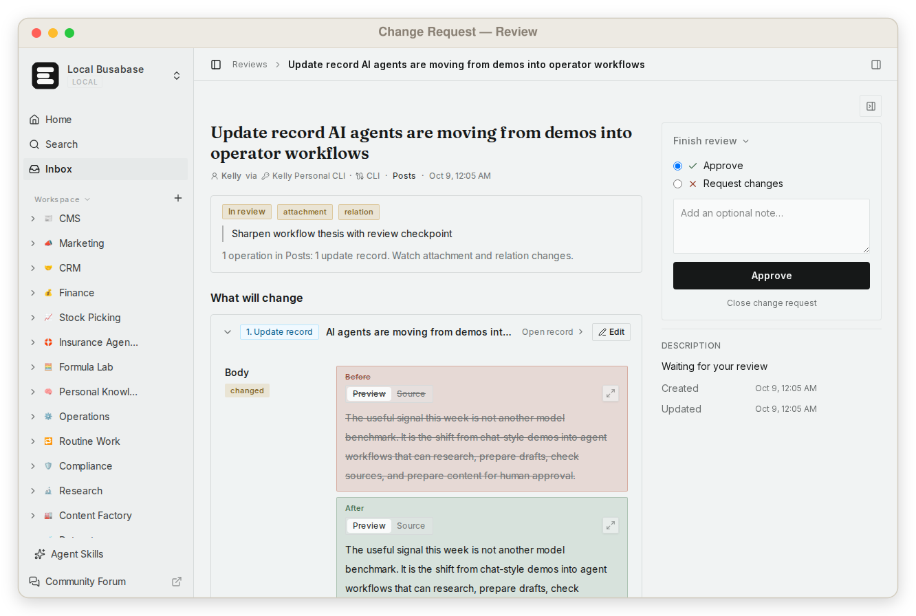 Field-level diff and change request review preview in Busabase