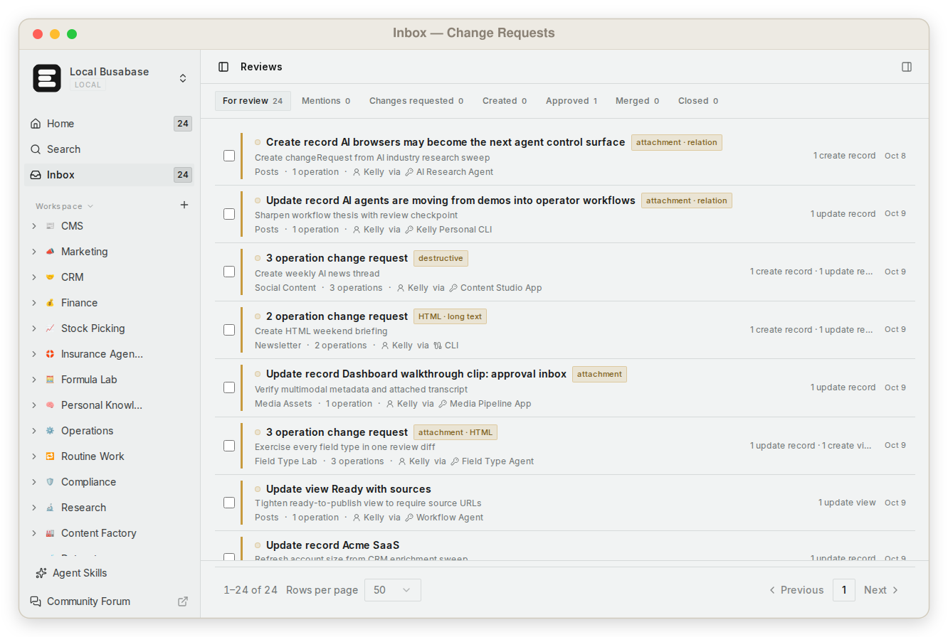 Busabase review inbox showing pending proposals and review queue