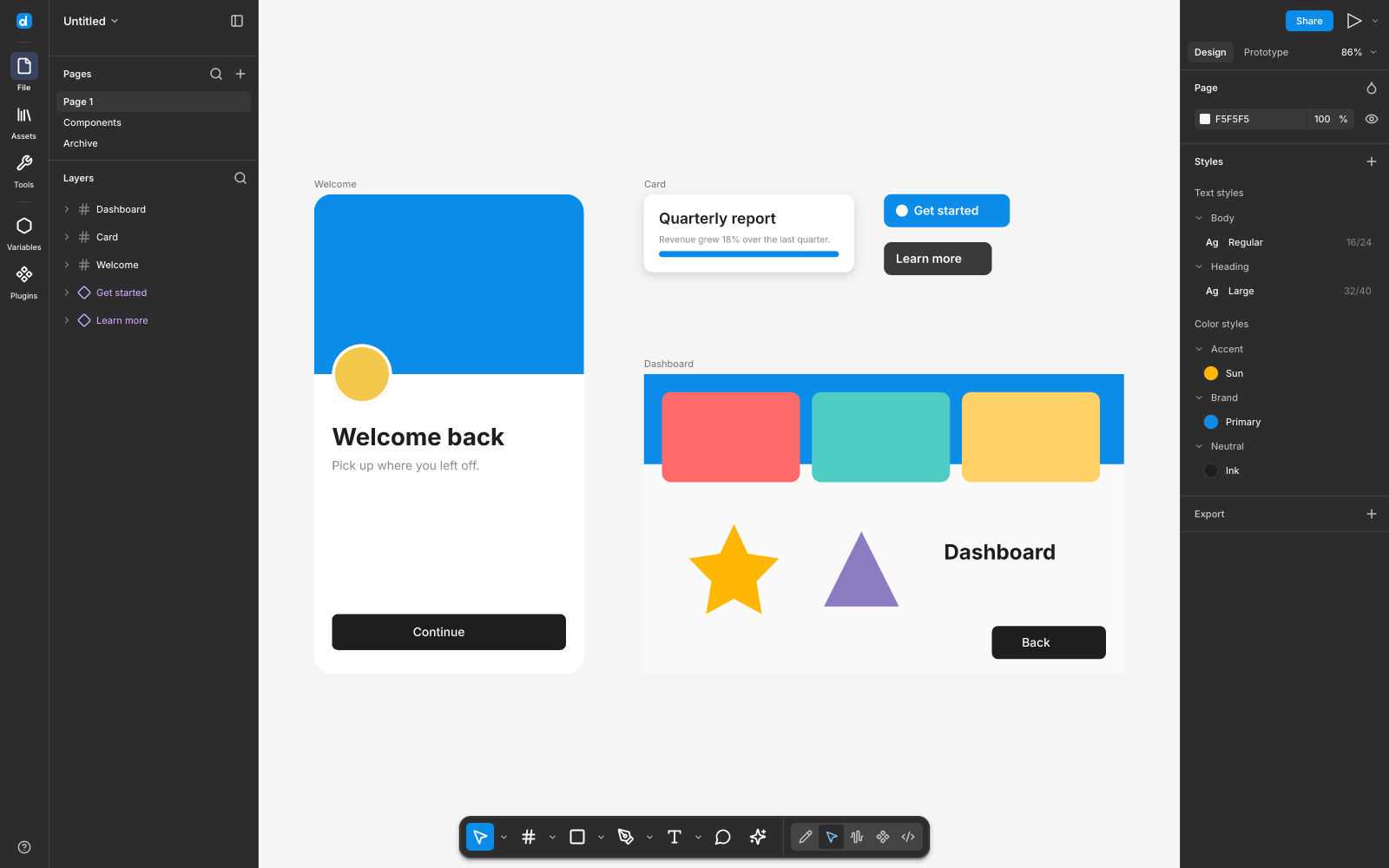Desigma editor on the Marlow showcase file displaying four mobile application screens, auto layout inspector, component asset panels, and design tokens