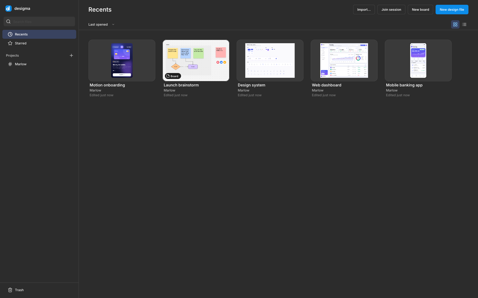 Desigma Projects Home screen displaying the Marlow workspace, recent files, and shared team libraries