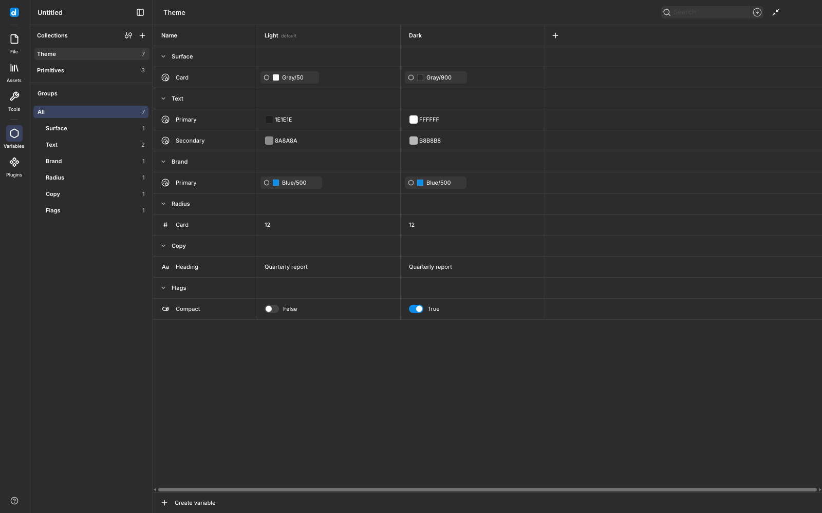 Desigma design token variables panel showing light and dark mode color collections, aliases, and radius tokens