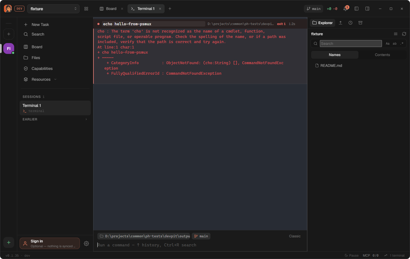 The terminal block shows "echo hello-from-psmux" as the command, and PowerShell's error: 'cho' is not recognized.
