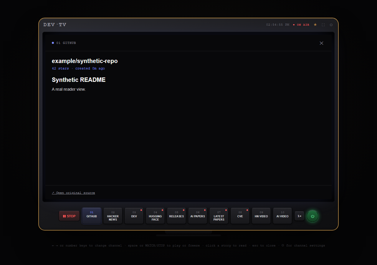 DEV·TV's built-in reader showing the synthetic README.