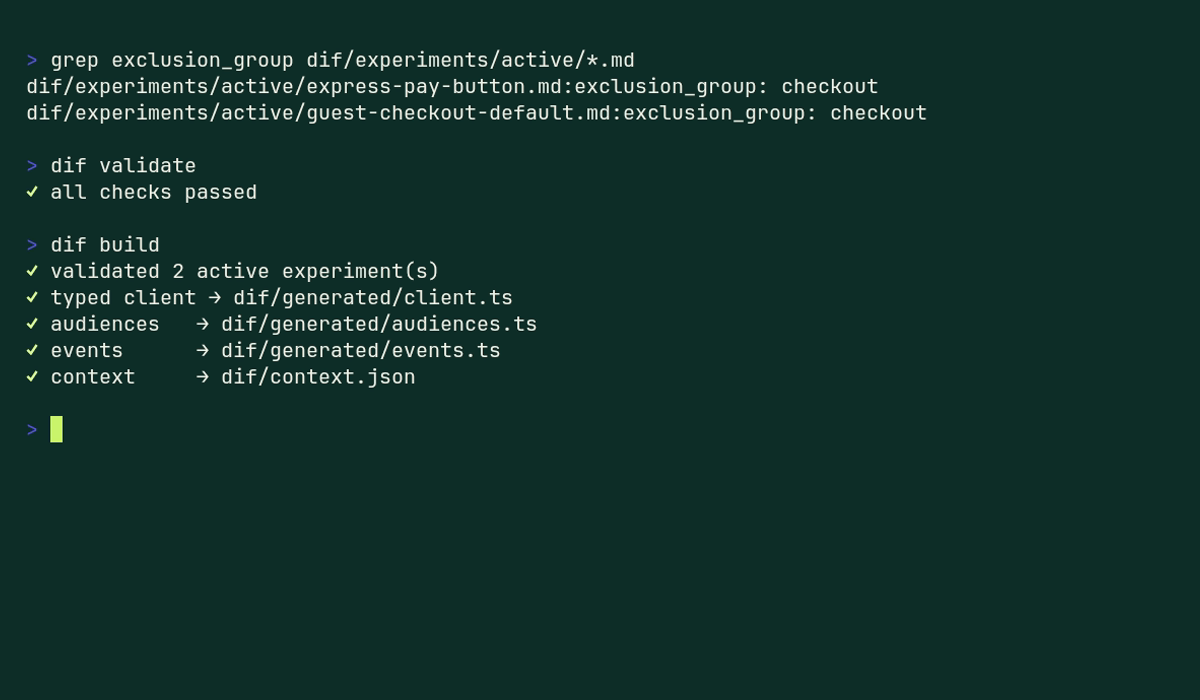 Terminal output showing dif build compiling typed TypeScript client and agent context