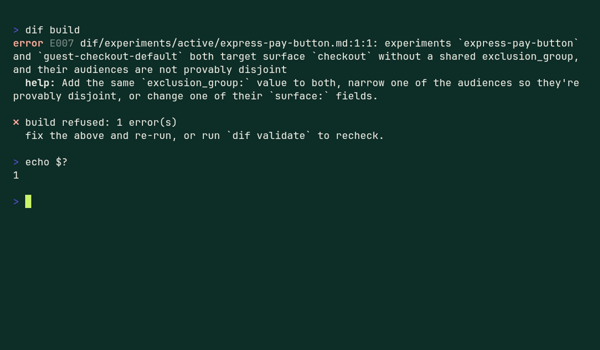 Terminal diagnostic showing error E007 catching overlapping experiments on the home surface