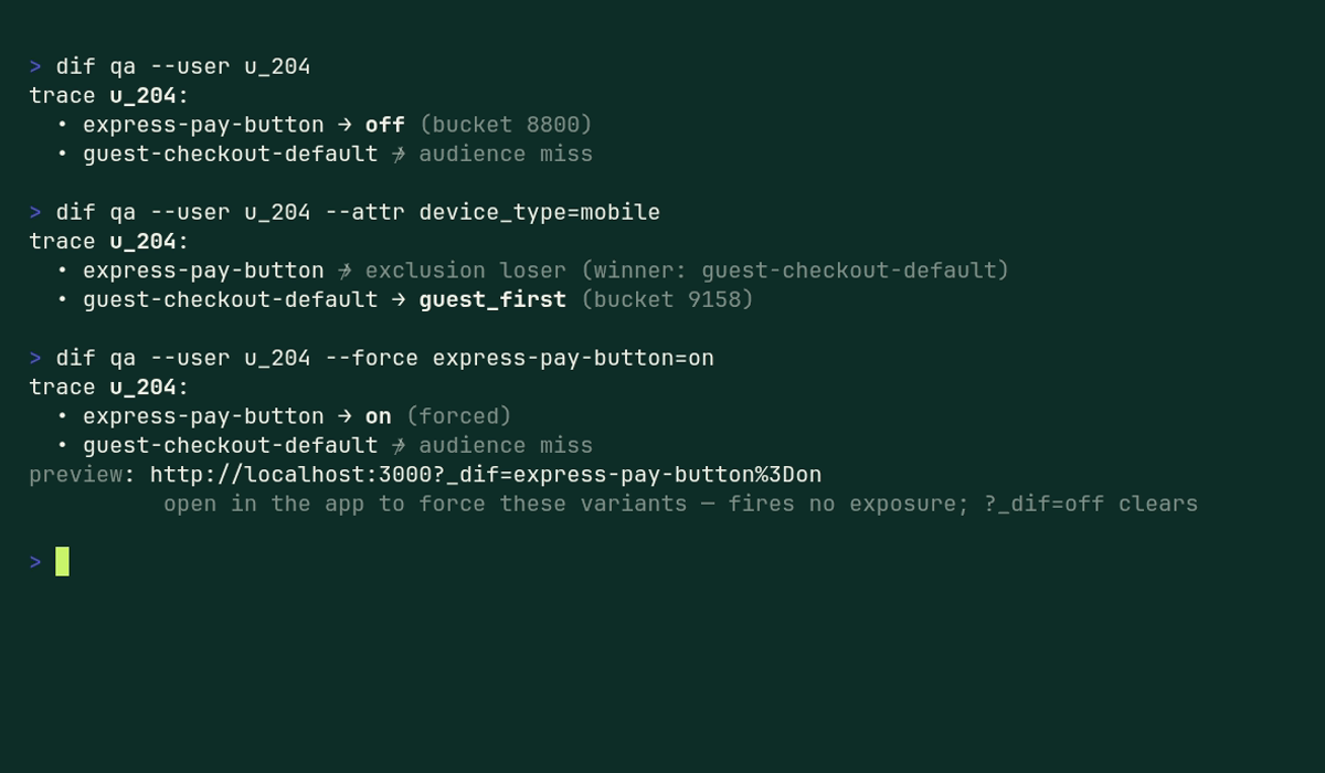 Terminal output showing dif qa assignment tracing and forced preview URL generation