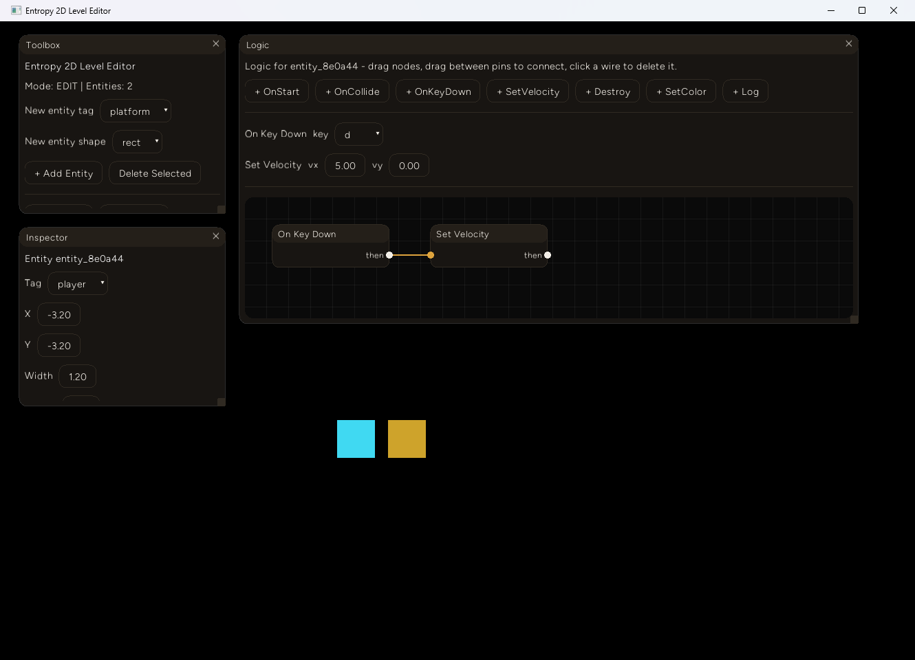 The Logic panel showing a wired graph: an "On Key Down" node connected to a "Set Velocity" node via a drawn orange wire, with the key and vx/vy properties visible above the canvas