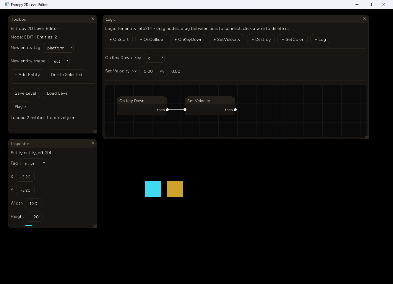 After a full process restart, the Load button restores the exact saved state: the same entity id, X and Y back at -3.20 (not the in-play 43.41), and the full logic graph - both nodes, their properties, and the connection - intact