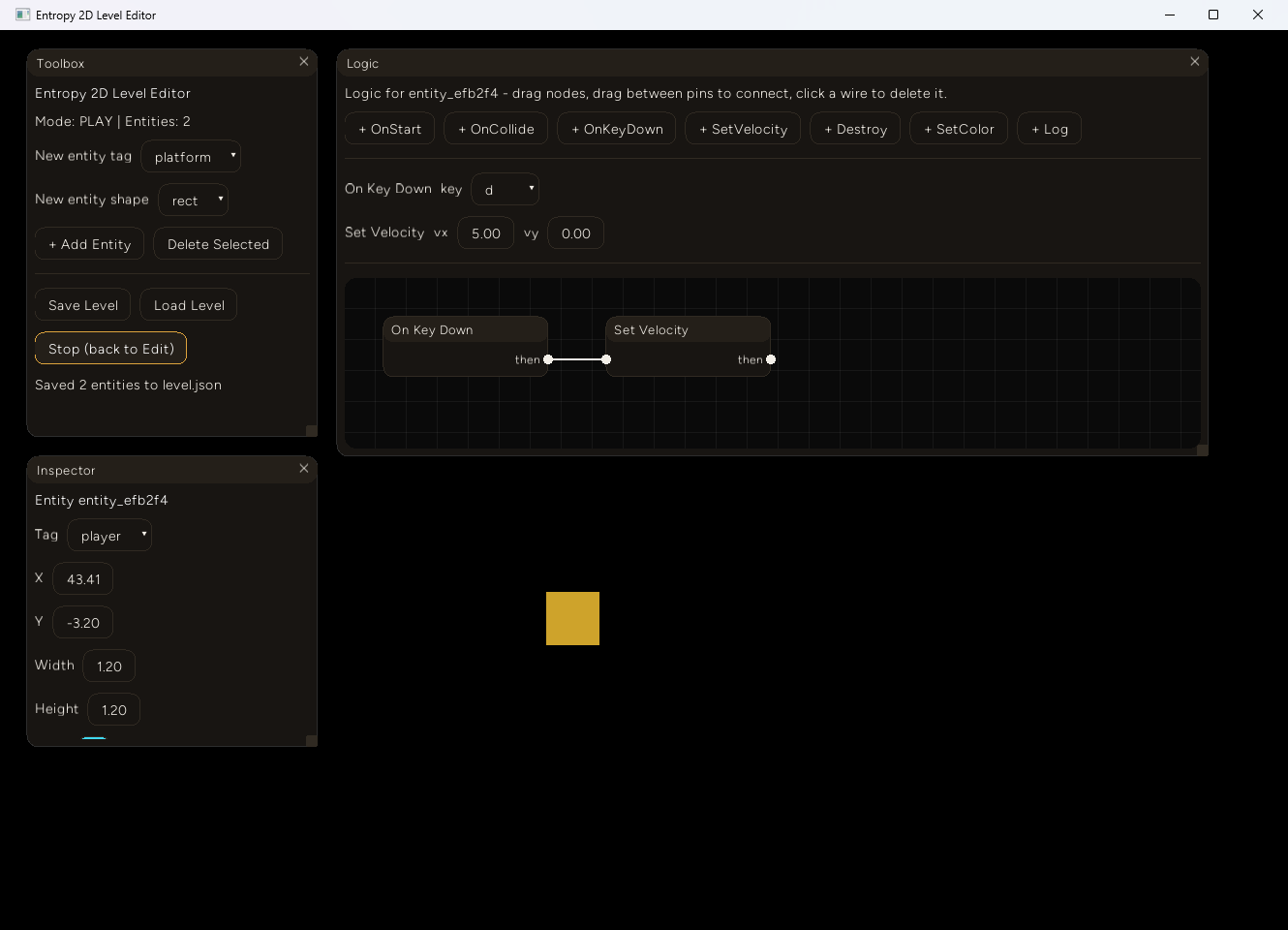 The editor in Play mode: the mode label reads PLAY, the button reads "Stop (back to Edit)", and the Inspector shows the selected entity's X coordinate at 43.41, far from its starting position of -3.20