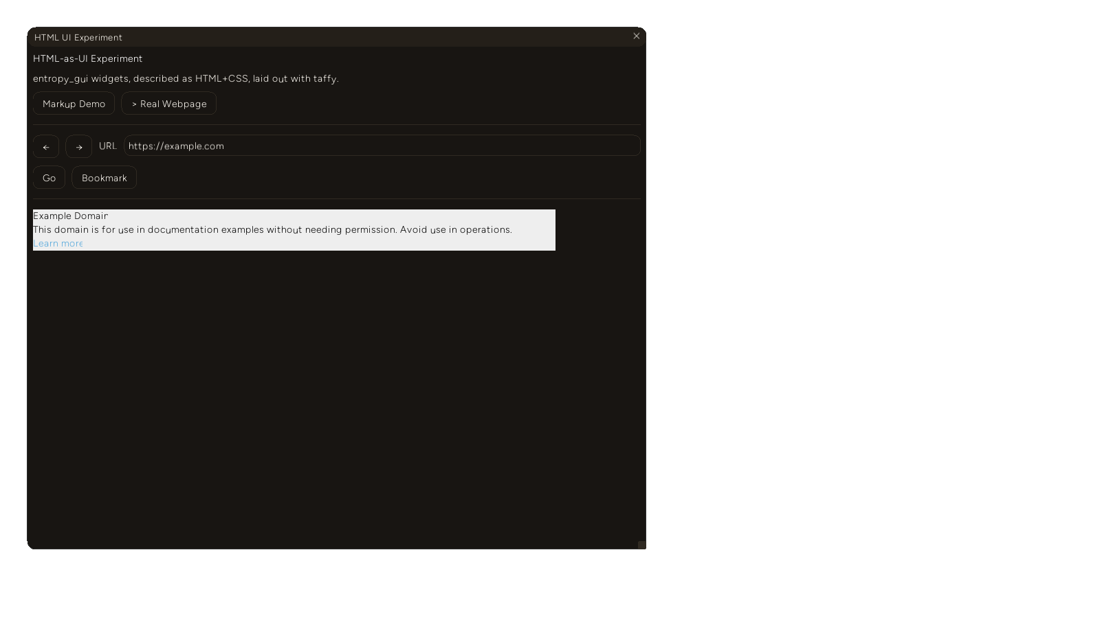 example.com fetched through the new non-blocking Entropy.Net.fetchText/pollText path and rendered via the existing HTML/CSS layout engine