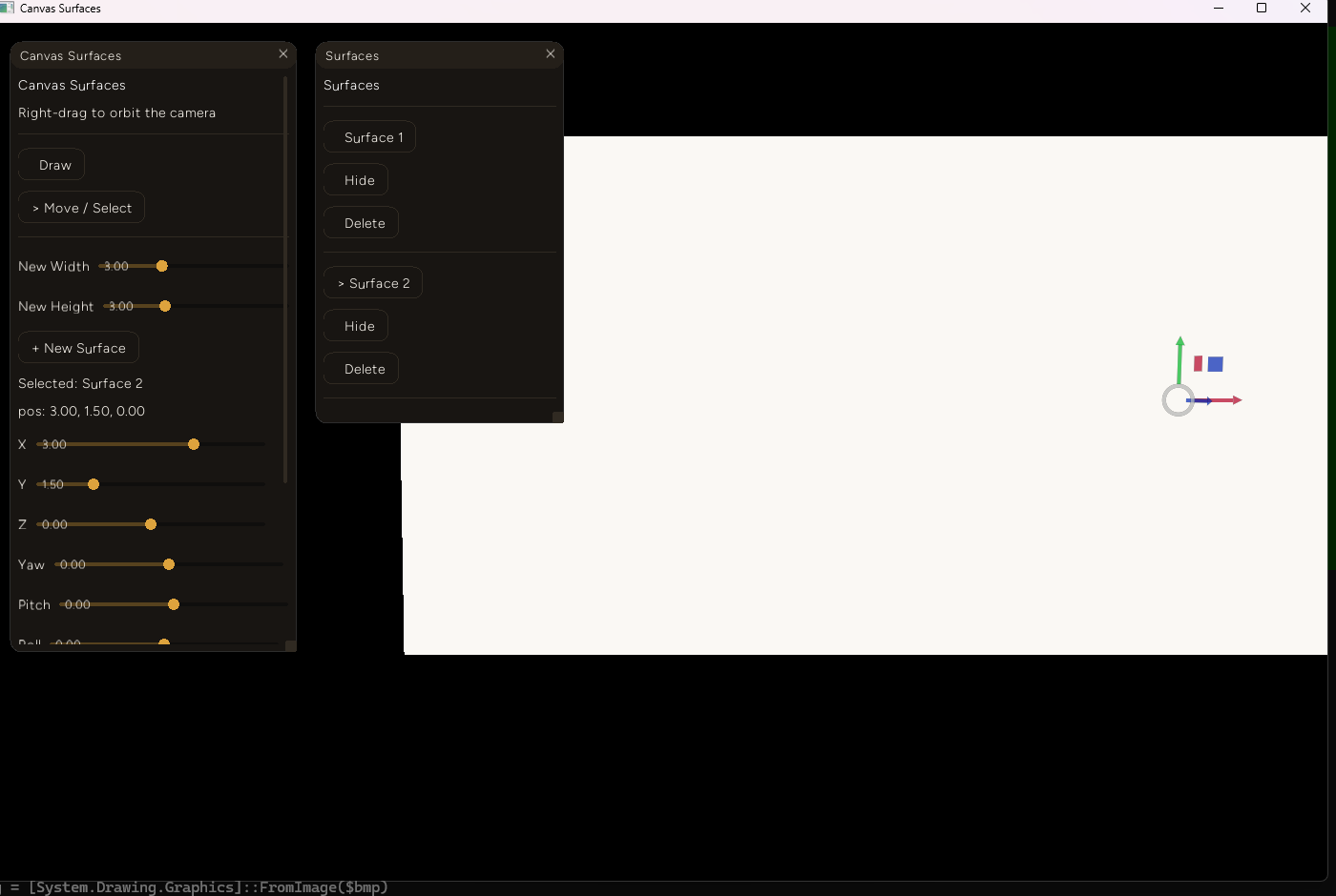 Two canvas surfaces joined edge-to-edge into what looks like a single continuous white panel, with a translate gizmo sitting at the shared seam and the position readout showing X: 3.00