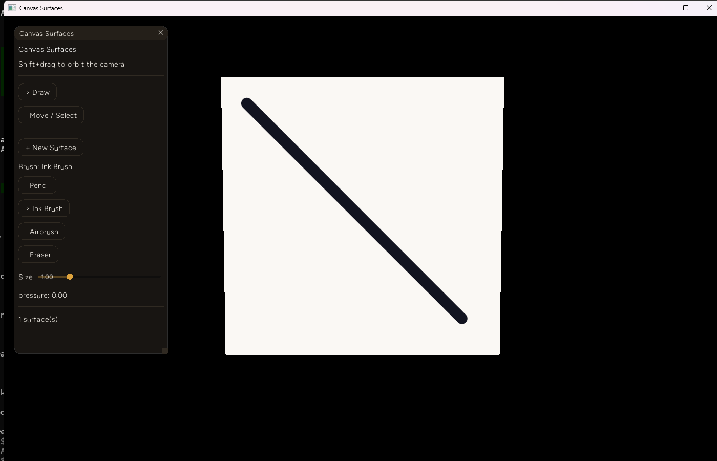 A dark diagonal ink stroke drawn across an off-white square canvas surface floating in a black 3D viewport, with the Canvas Surfaces tool panel on the left