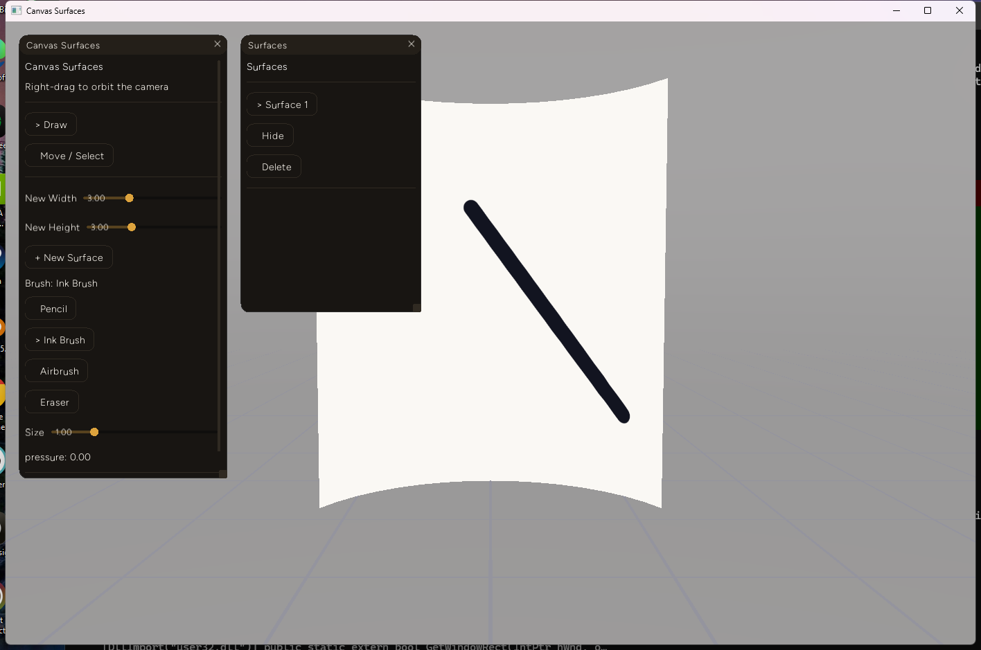 A dark diagonal ink stroke drawn cleanly across the curved canvas surface, following the cursor path without distortion or gaps