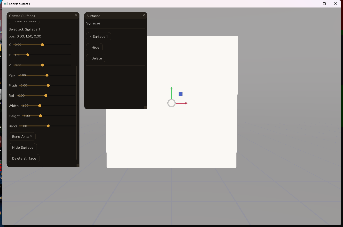 The Canvas Surfaces tool panel in Move mode, showing X/Y/Z, Yaw/Pitch/Roll, Width/Height sliders, and new Bend and Bend Axis: Y controls