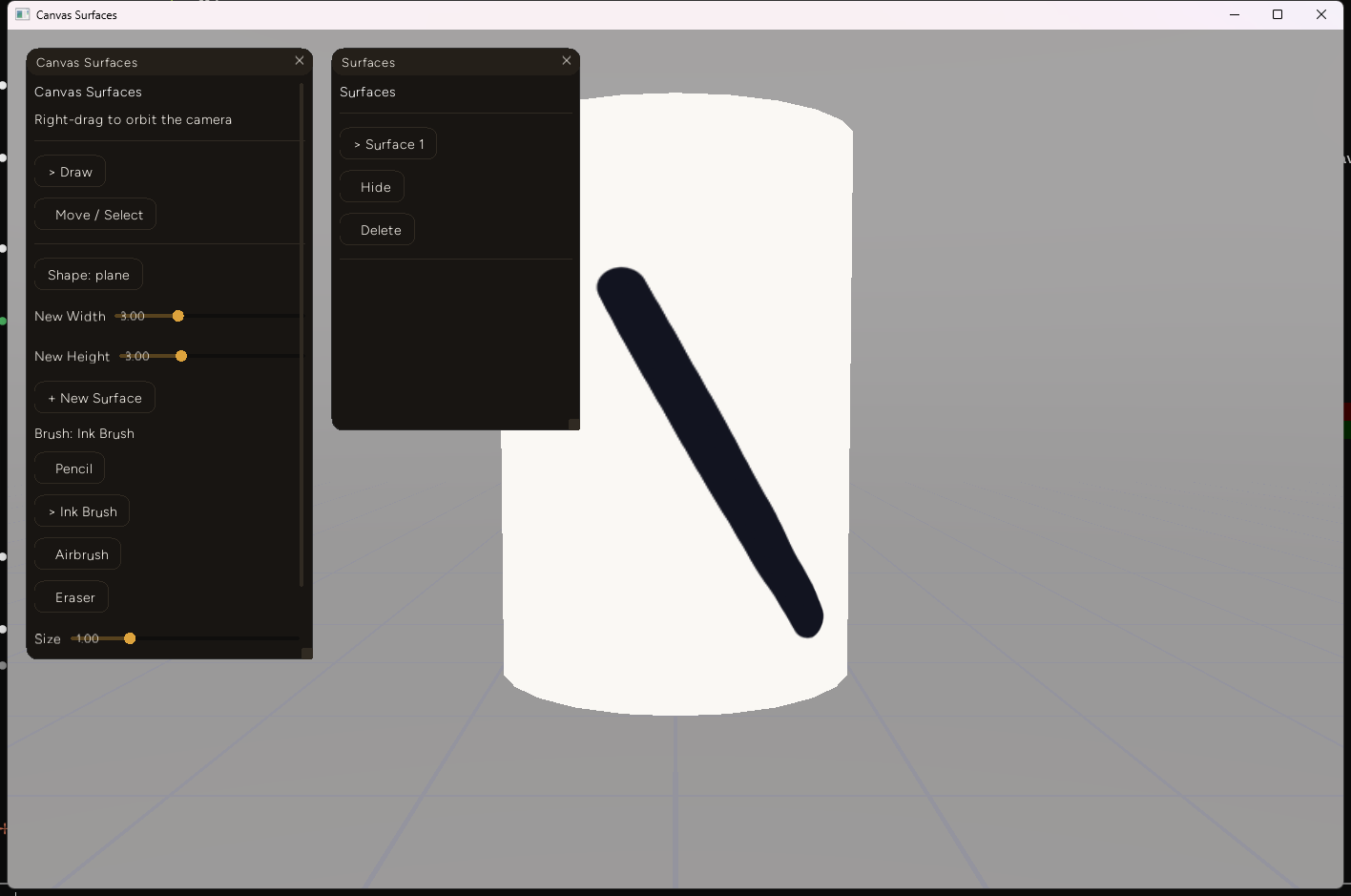 A dark diagonal ink stroke drawn cleanly across the curved side of a white cylinder