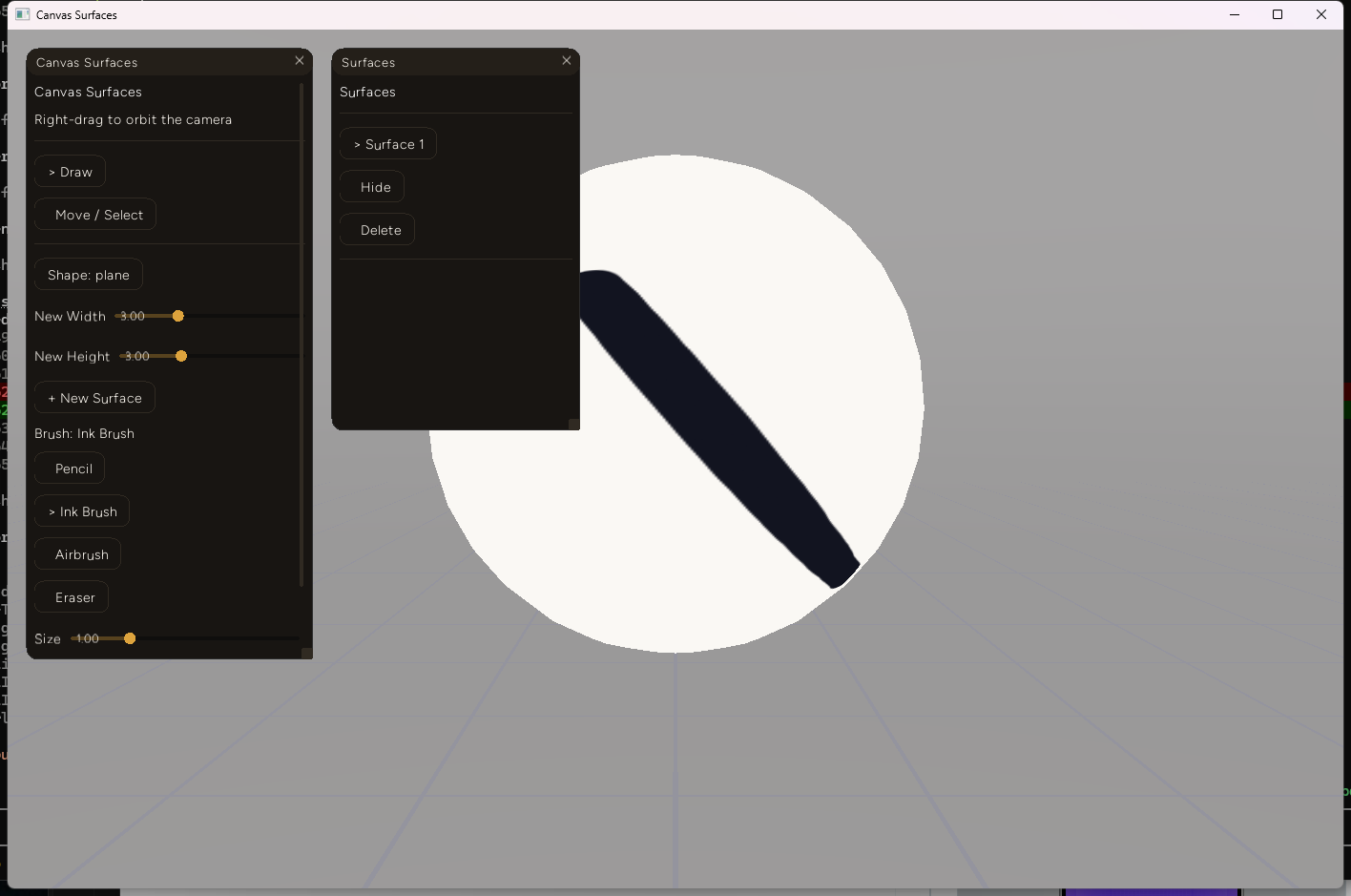 A dark diagonal ink stroke drawn across the front of a white sphere, following its curvature