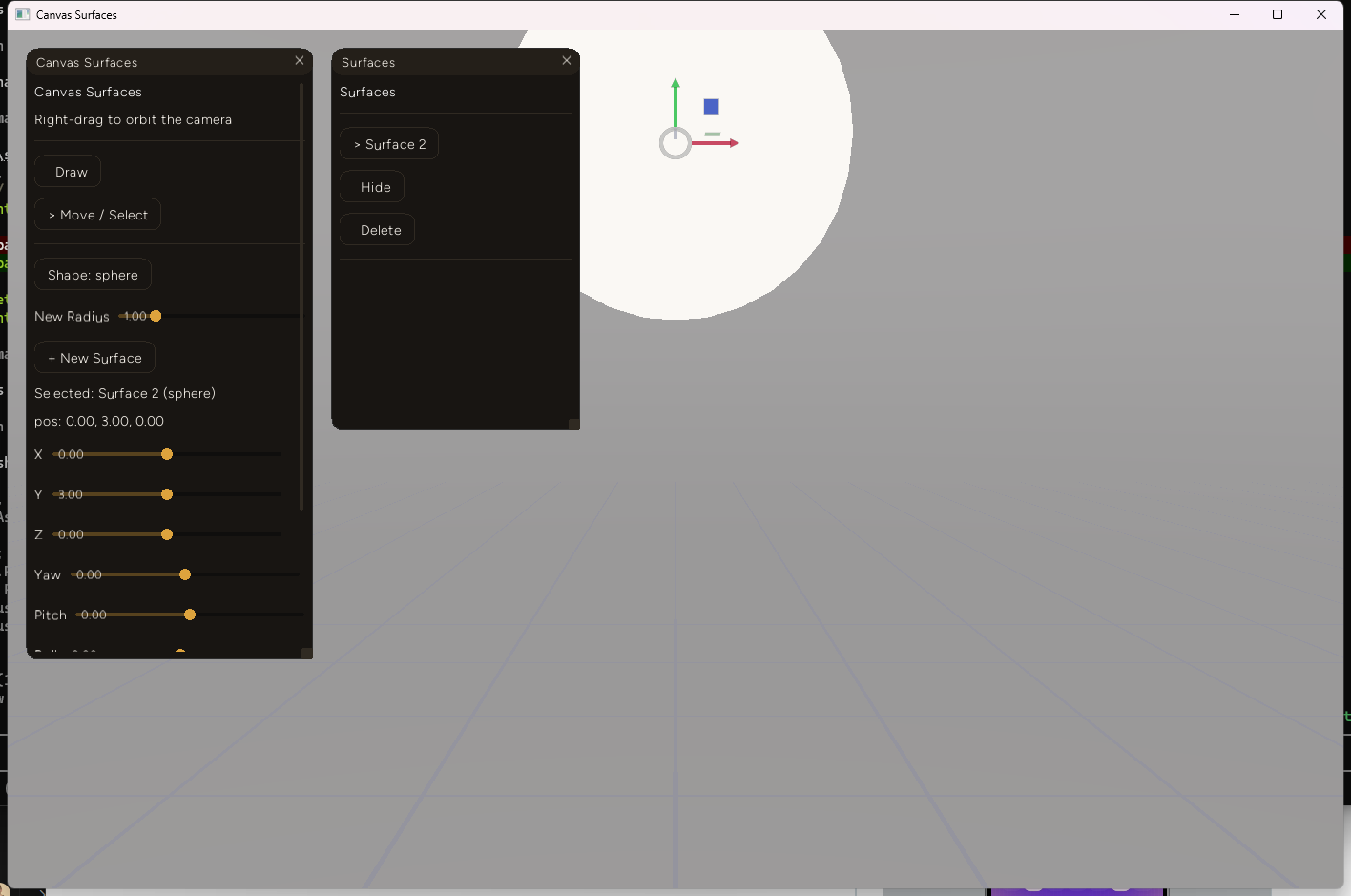 The Canvas Surfaces panel showing Shape: sphere selected, a spawned sphere surface, and its position sliders and translate gizmo in the 3D view
