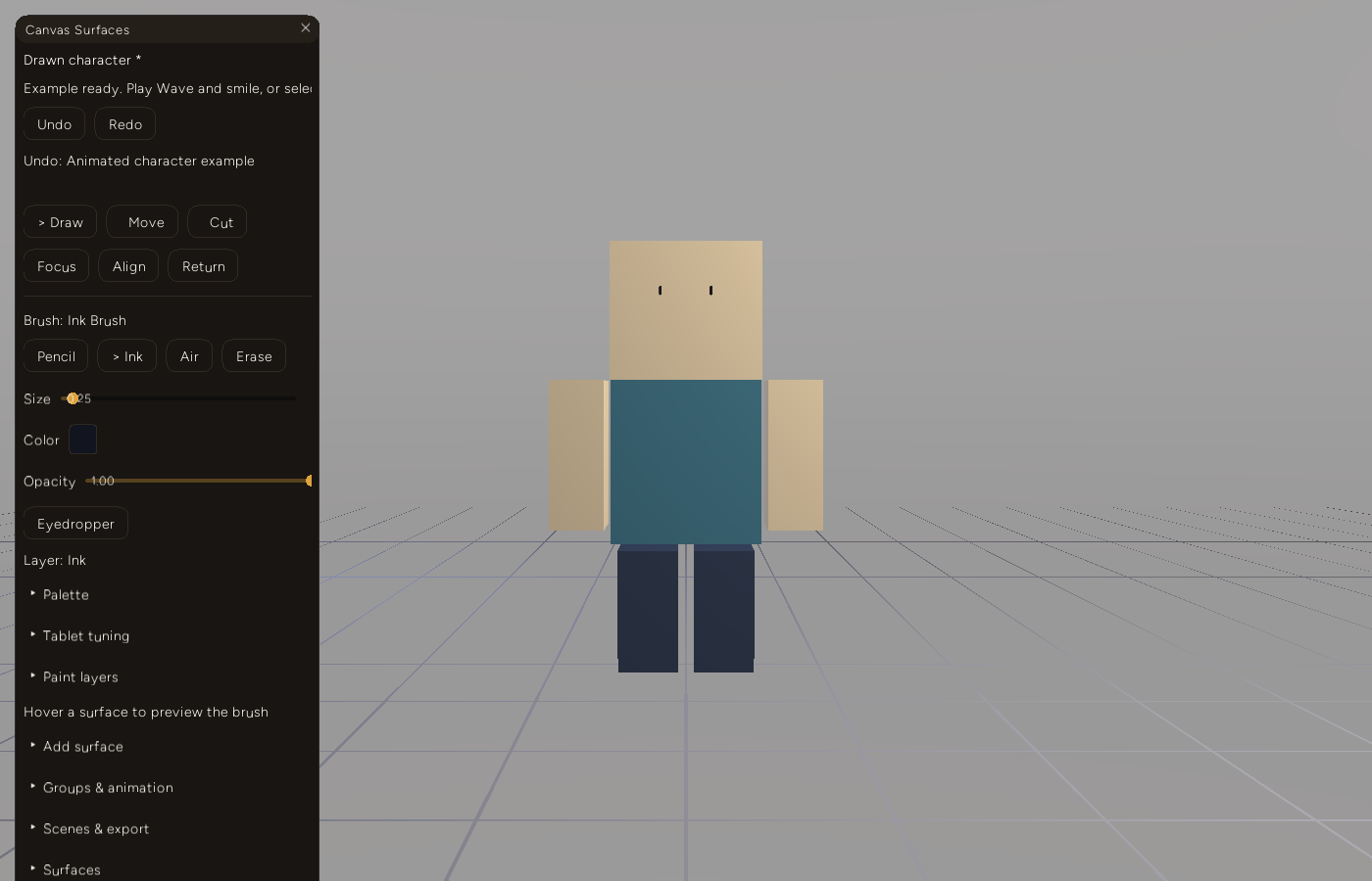 A blocky drawn character with an unmarked face and its right arm resting against its side