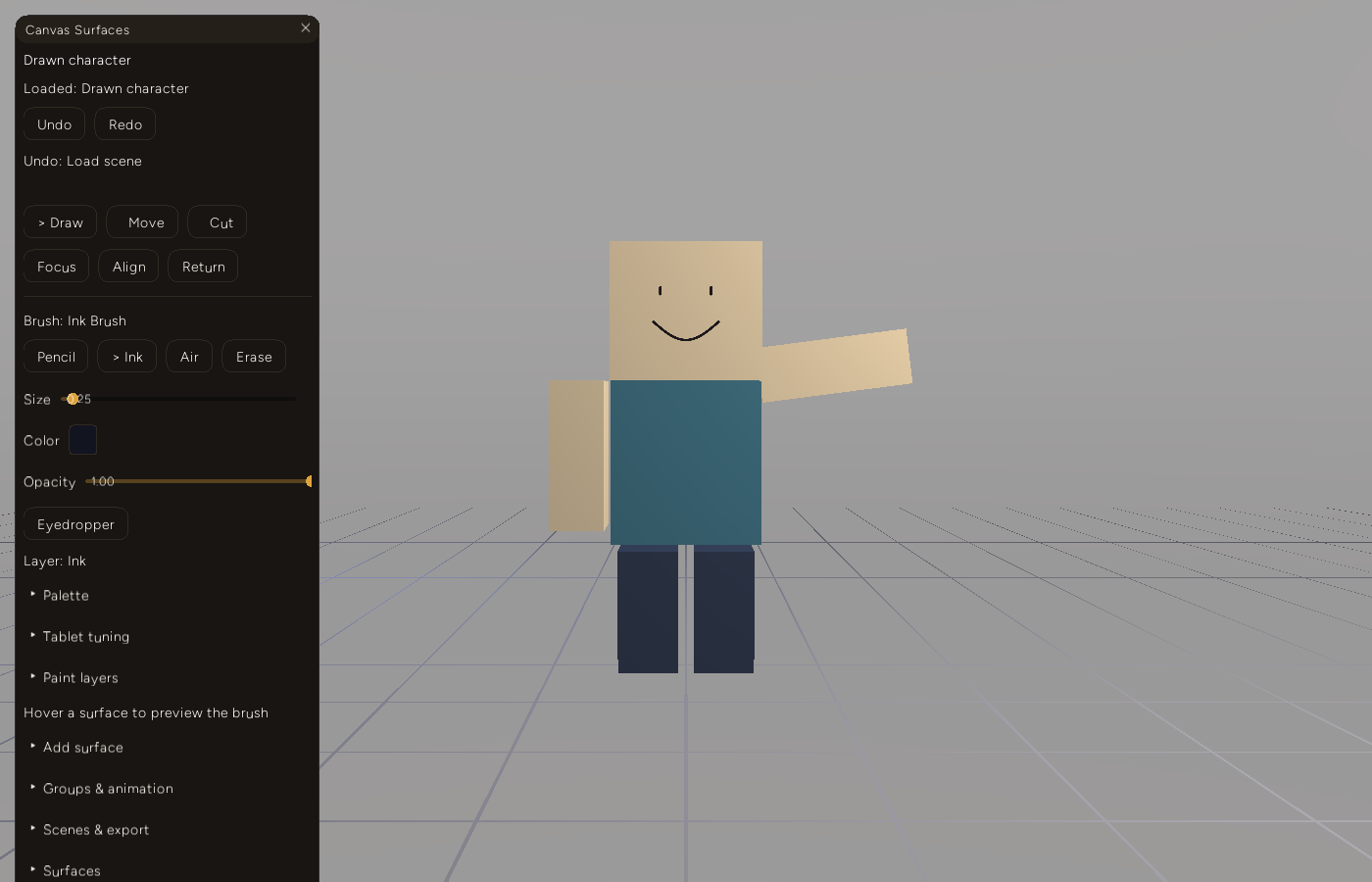 The character reloaded from a saved scene file, showing the identical waving pose and smiling face