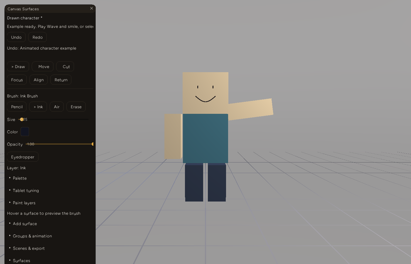 The same character with its arm raised in a wave and a smiling face now drawn in