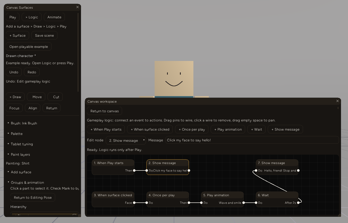 The Canvas workspace window showing seven connected nodes: When Play starts to Show message on the top row; When surface clicked, Once per play, Play animation, Wait, and Show message on the bottom row