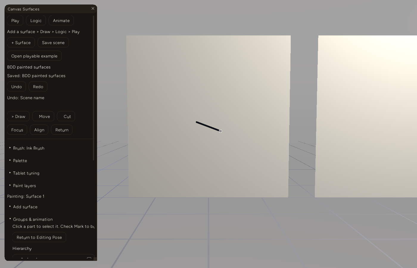 Two blank white surfaces with one short black ink stroke drawn across the left one by an injected pointer drag