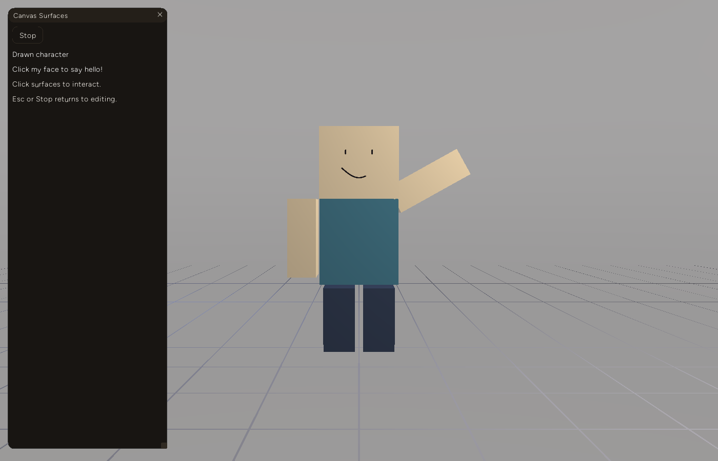 The same character with its right arm raised in a wave and its smile partly drawn