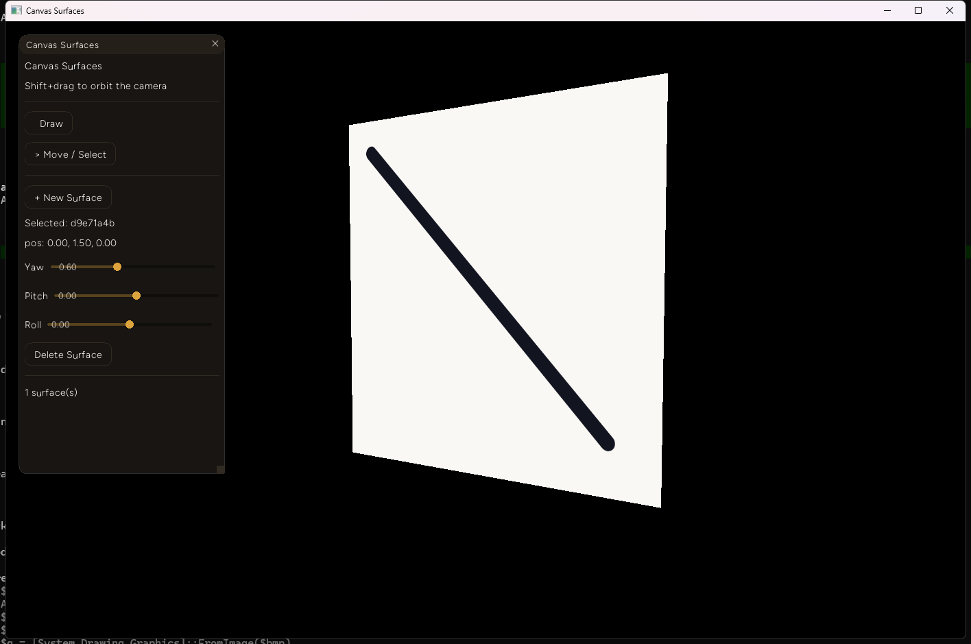 The same surface now rendered as a trapezoid in perspective after rotating it, with the diagonal ink stroke still perfectly attached to the surface's own geometry