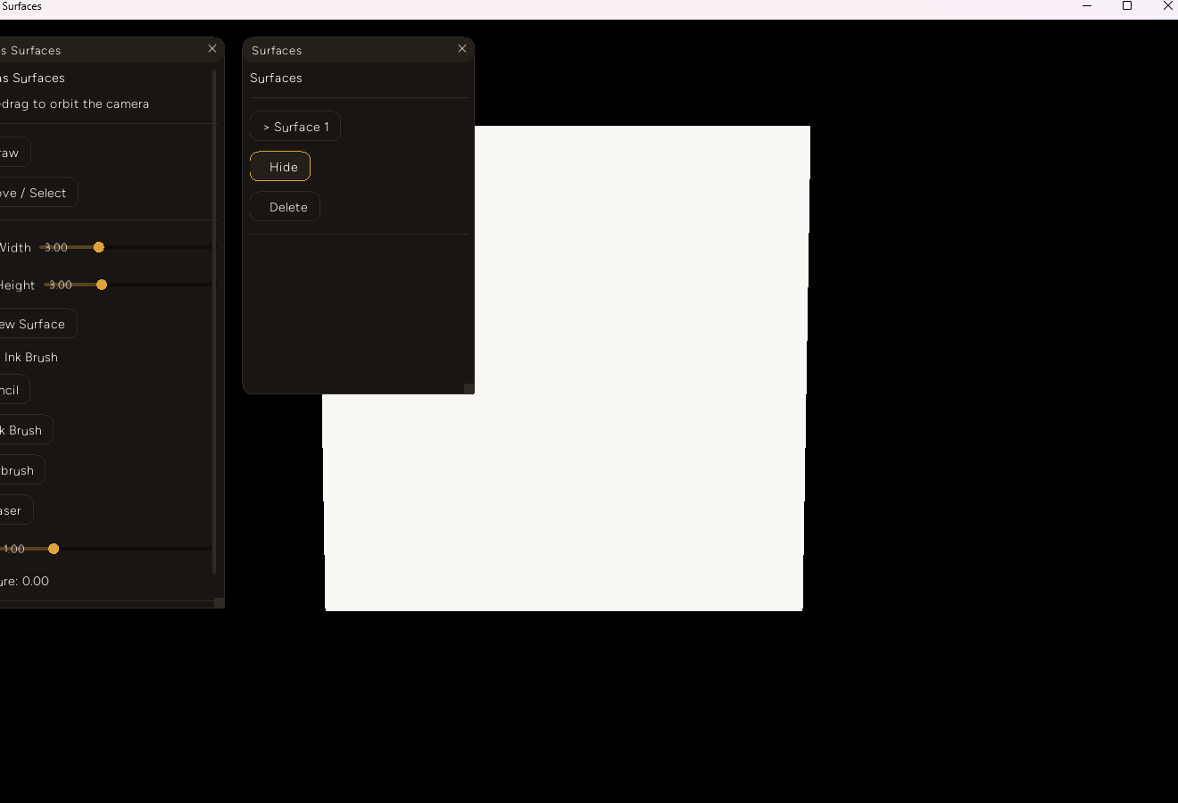 The same panel after clicking Show, with the white canvas surface visible again in the viewport at its original position
