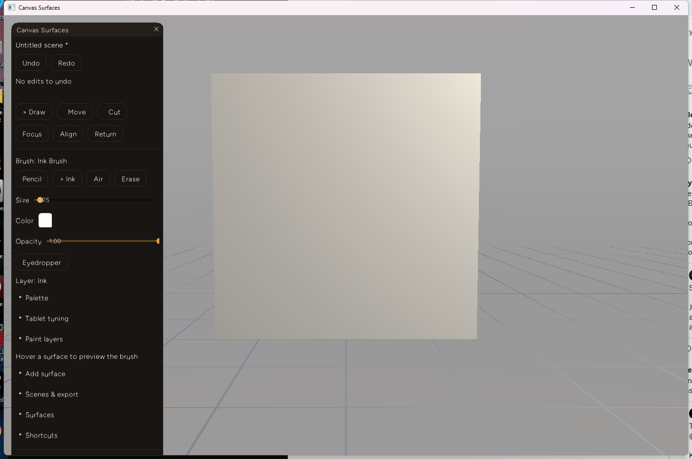Canvas Surfaces panel with the Color swatch showing plain white, no picker open