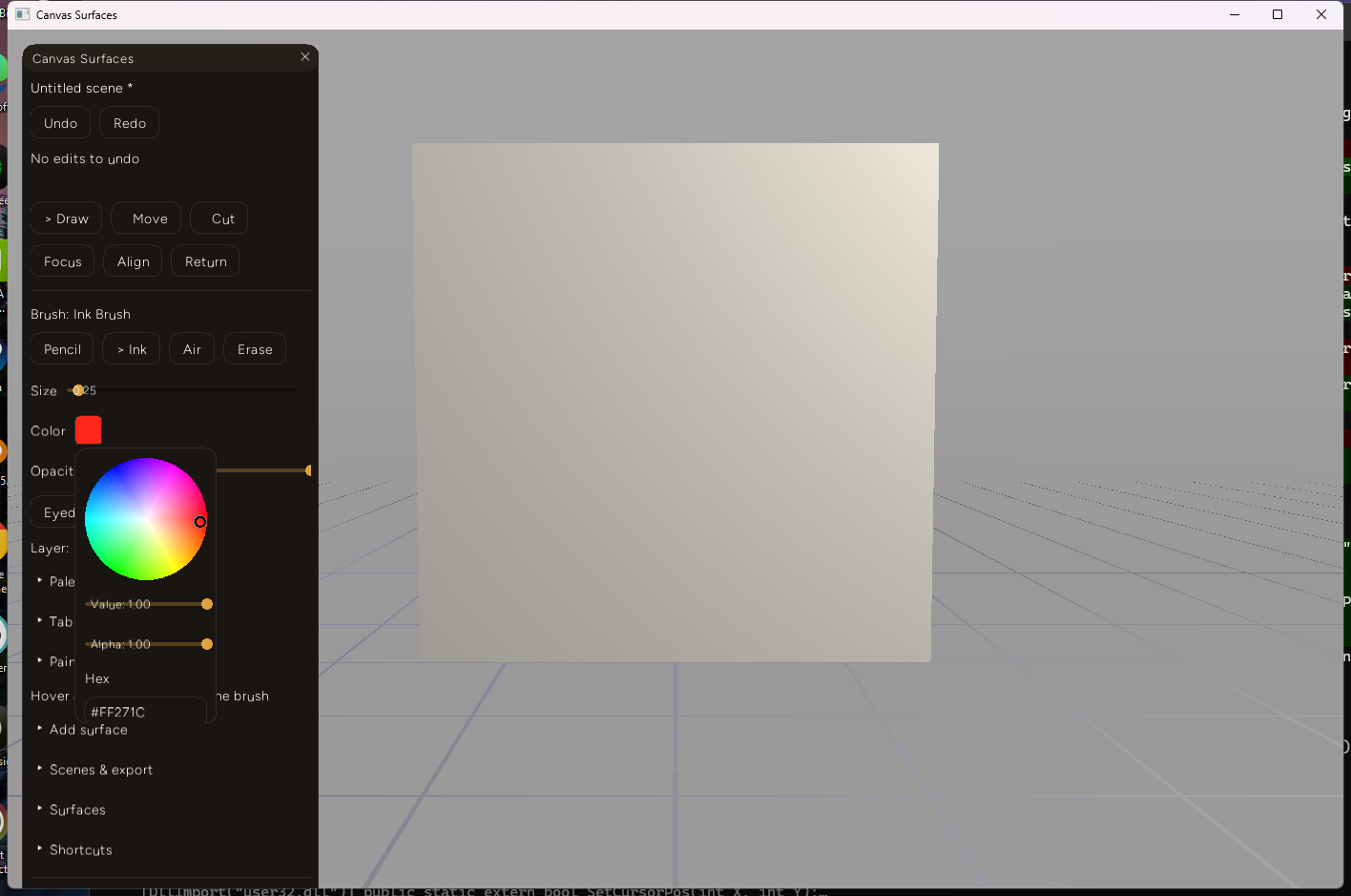 The color picker popup open: a hue/saturation wheel with a marker near its edge in the red region, Value and Alpha sliders both at 1.00, and a hex field reading #FF271C