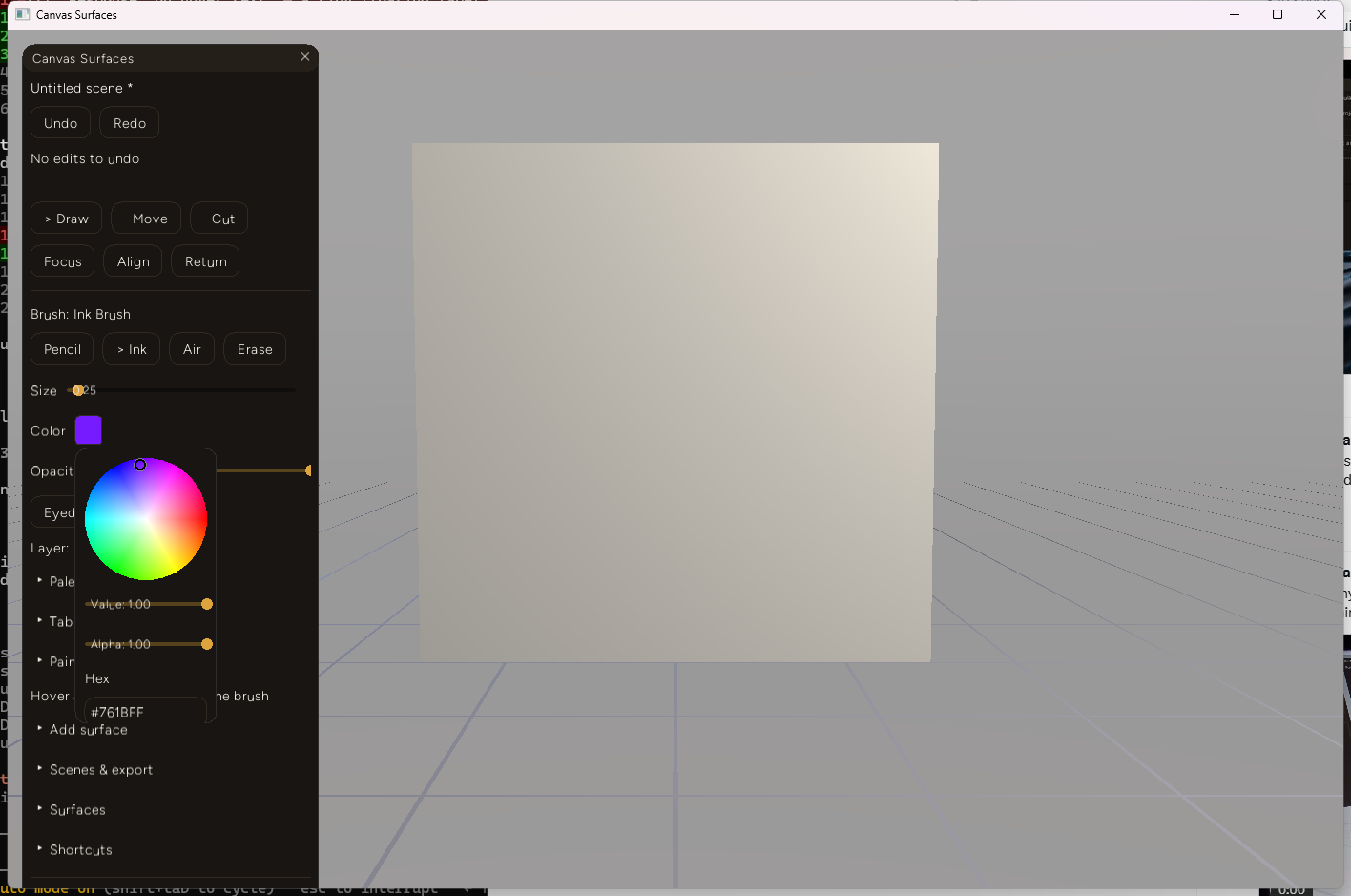 The Canvas Surfaces panel with the color wheel open, correctly drawn over the Eyedropper button and the Layer/Palette/Tablet tuning/Paint layers sections beneath it