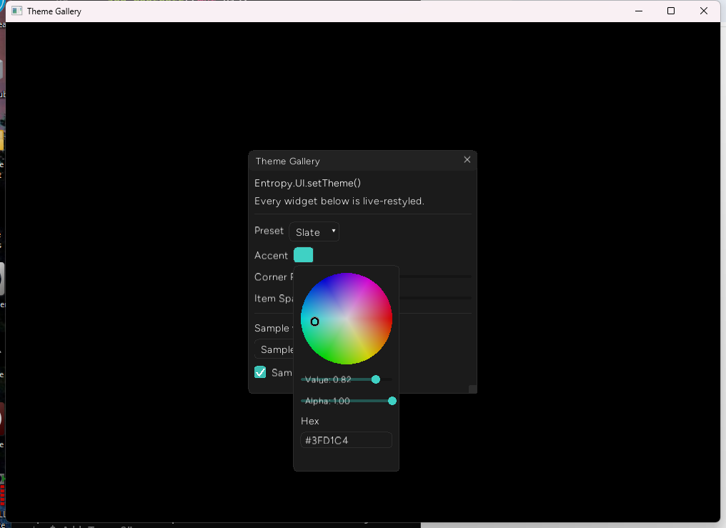 The color wheel popup open over the Theme Gallery panel, with Corner Radius, Item Spacing, Sample Button, and Sample Checkbox all correctly hidden behind its opaque background