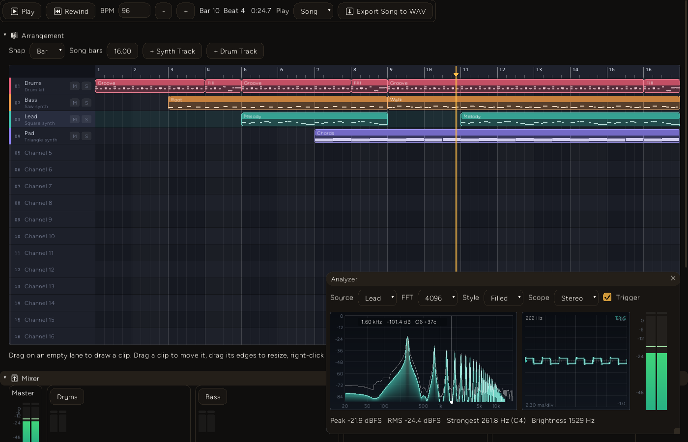 The Analyzer window with the Lead track selected: a spectrum with a sharp fundamental at 262 Hz followed by a comb of odd harmonics, a teal square wave on the scope, and the readout Strongest 261.8 Hz (C4)