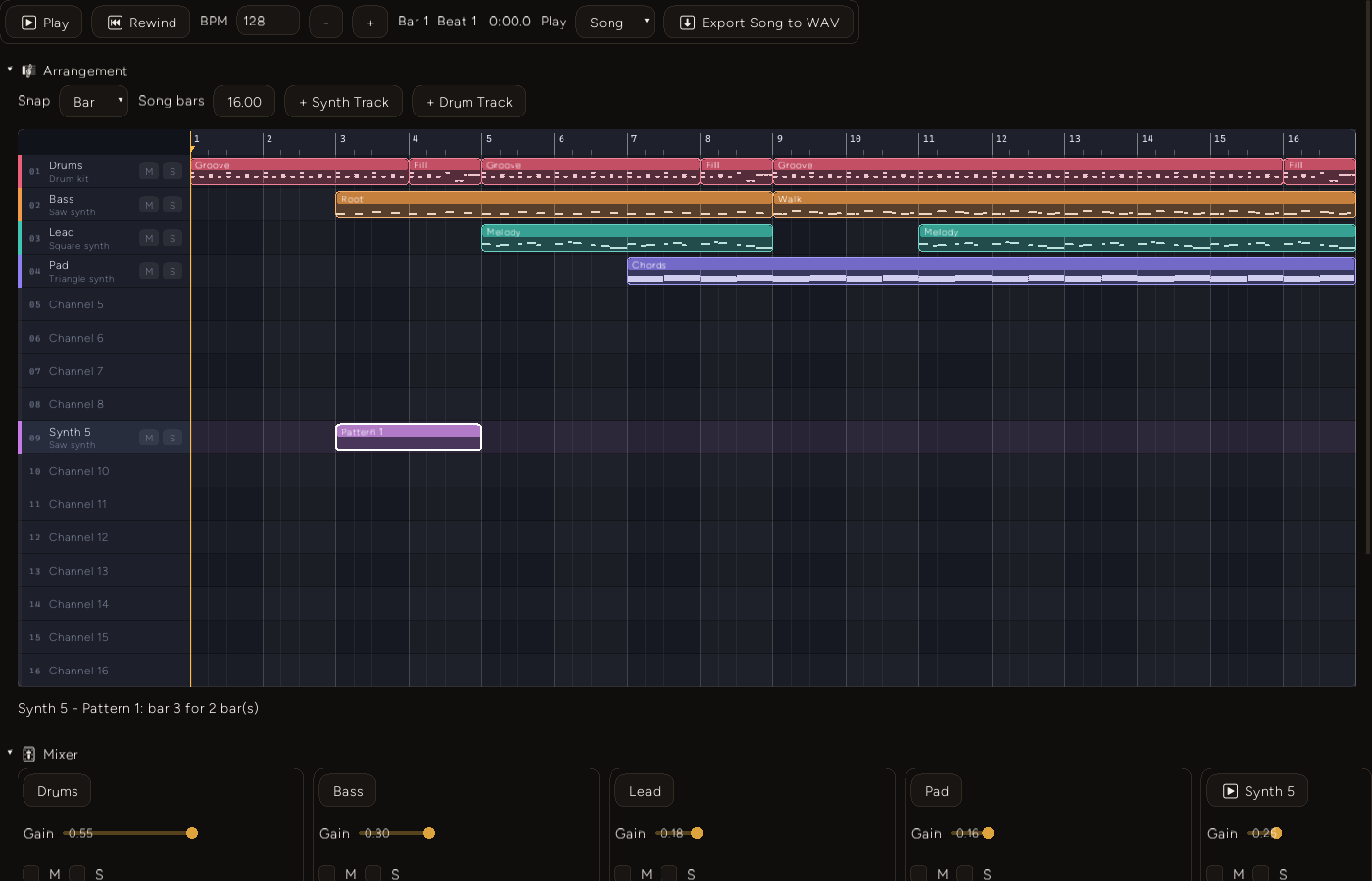The same arrangement at 128 BPM with a new purple clip on lane 9 spanning bars 3 and 4, outlined in white as selected, and the status line reading Synth 5 - Pattern 1: bar 3 for 2 bar(s)