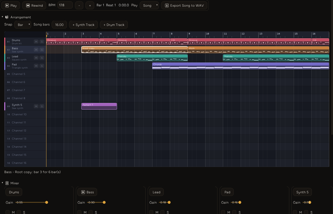 The bass lane's first clip now labelled Root copy with two extra notes in its preview, the second bass clip still labelled Walk