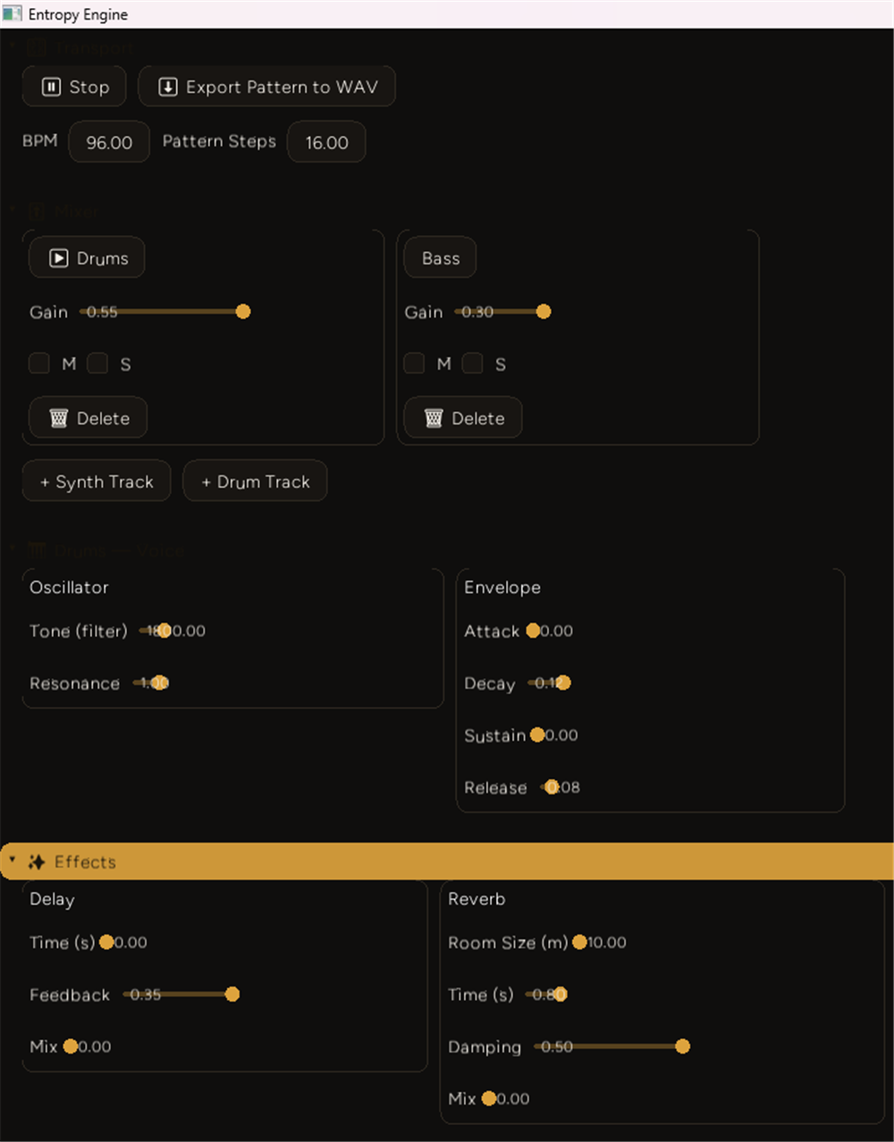 The full DAW panel with Transport, Mixer, Oscillator/Envelope, and Delay/Reverb sections all expanded, each pair of related controls grouped into its own bordered box arranged side by side rather than one long vertical list