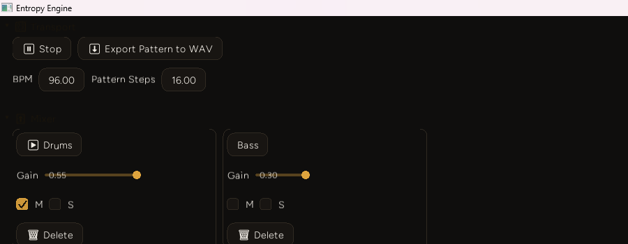 The DAW panel mid-playback (the Transport button reads Stop) with the Drums channel strip's M checkbox now checked while the Bass strip's M checkbox remains unchecked