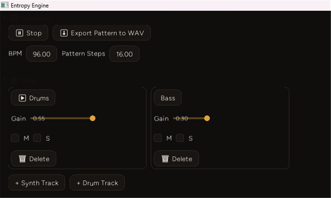 The DAW addon's Mixer section showing two bordered channel-strip boxes side by side, one labeled Drums with its button outlined in orange as the active track and one labeled Bass, each with a Gain slider, M and S checkboxes, and a Delete button, with plus-Synth-Track and plus-Drum-Track buttons below
