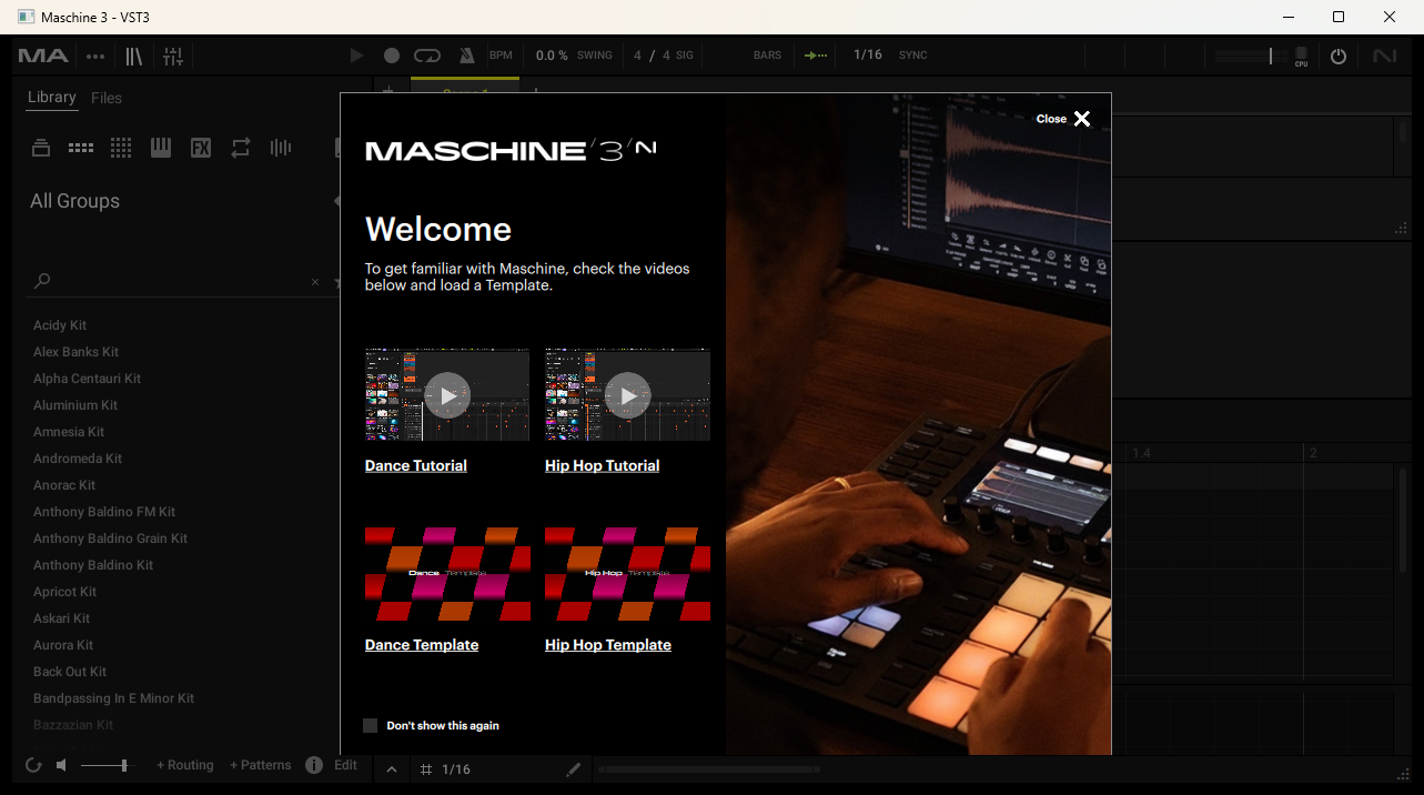 Maschine 3's editor showing its Welcome dialog over the kit library list