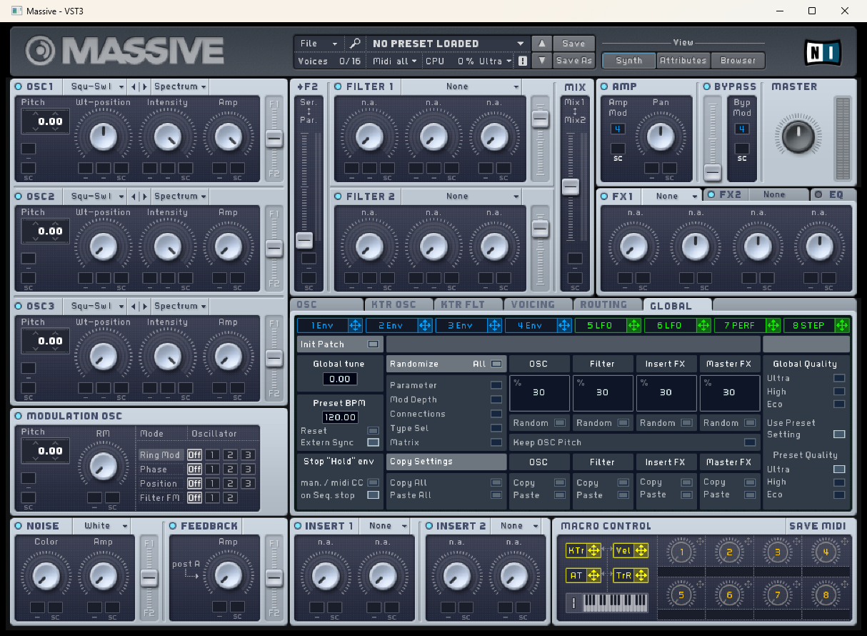 Massive's editor with three oscillators, two filters, the master section and the macro control panel, preset field reading NO PRESET LOADED