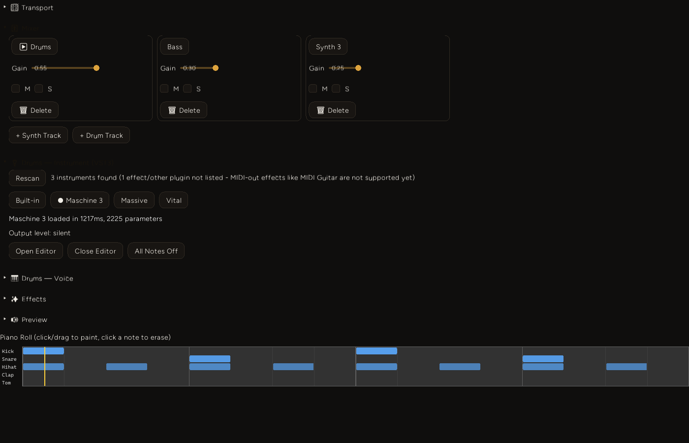 The DAW with Maschine 3 selected on the Drums track, status line reading Maschine 3 loaded in 1217ms with 2225 parameters, and the drum piano roll with its playhead near the start