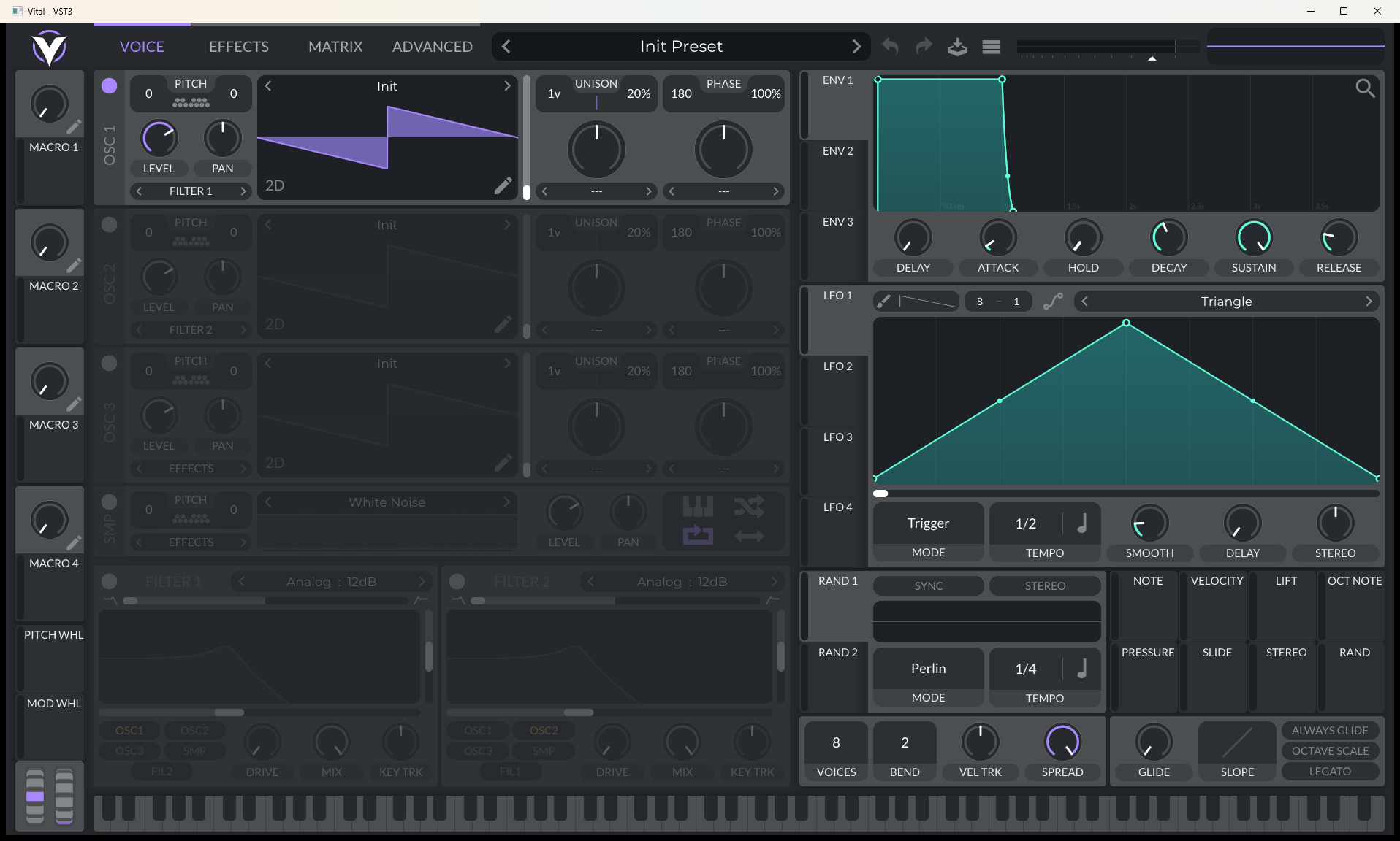 Vital's editor in its own Win32 window titled Vital - VST3, showing the oscillator, envelope, LFO and filter panels of the Init Preset